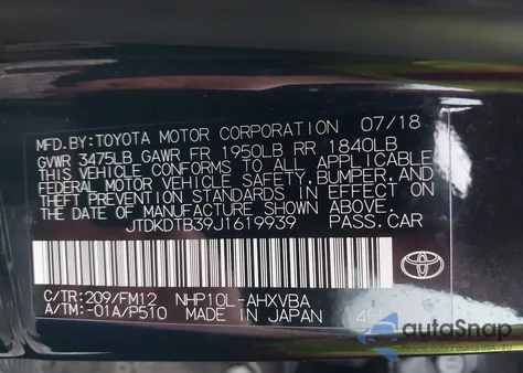 2018 Toyota Prius C from USA, damaged, VIN JTDKDTB39J1619939